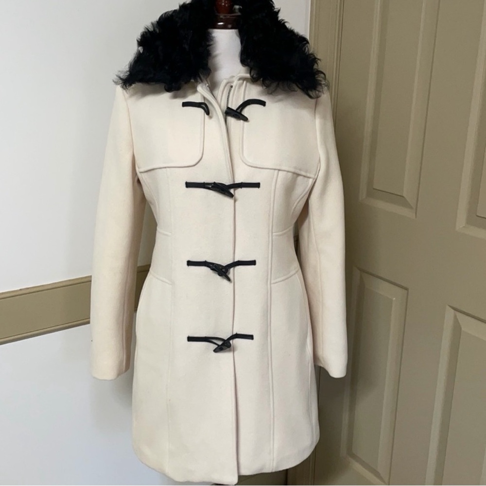 Banana Republic Cream Toggle Coat with Black Fur Accents